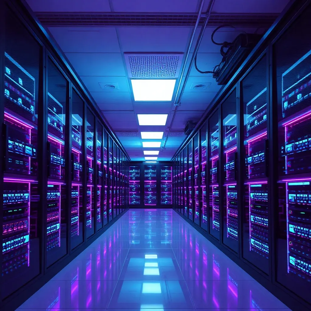 Modern high-tech data center with servers, cyan and violet l