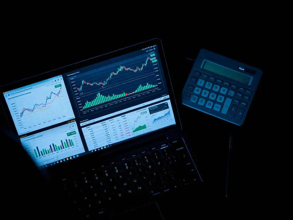 Professional dark workspace with a laptop showing financial