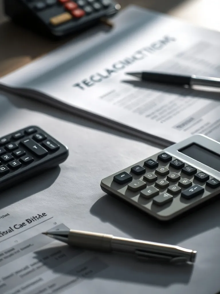 A professional desk with a calculator, legal documents, and