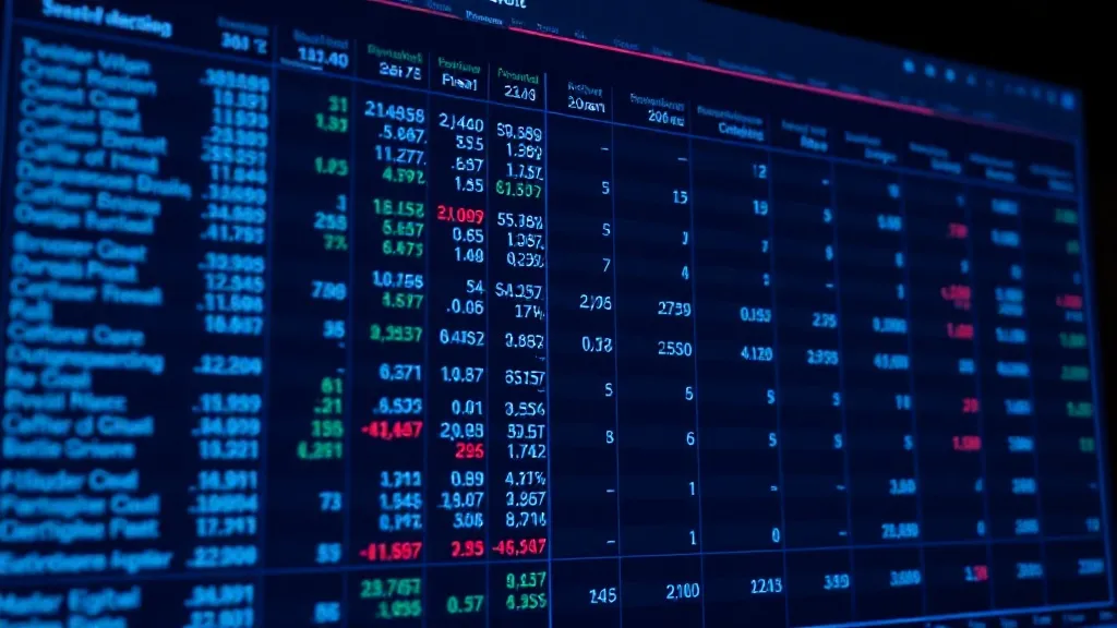 Financial spreadsheet on a dark screen, blue neon lines, dat