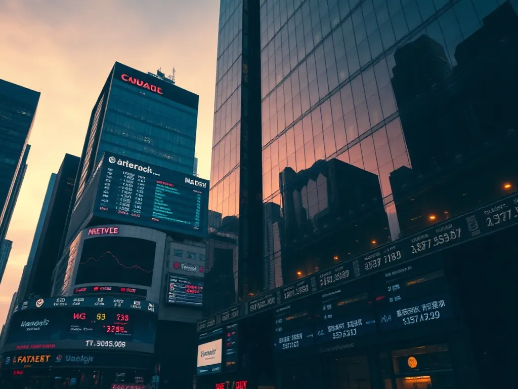 A wide shot of a modern financial district with glass buildi