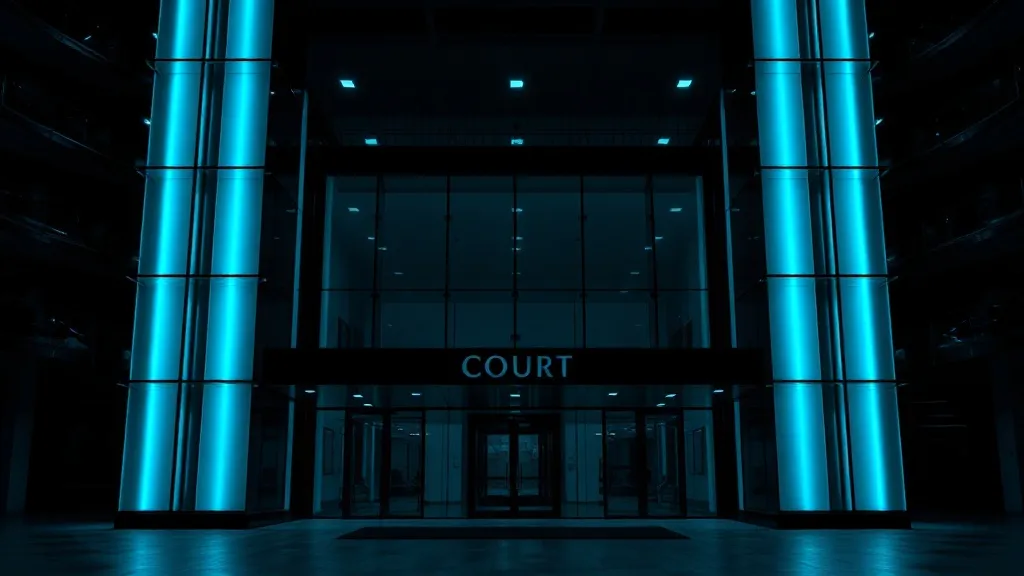A high-contrast architectural shot of a modern courthouse or