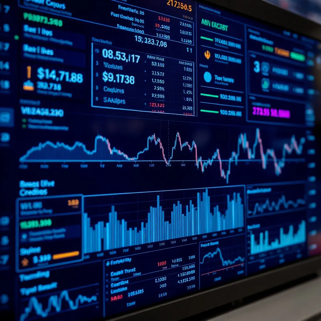 A high-tech financial data visualization on a dark screen, s